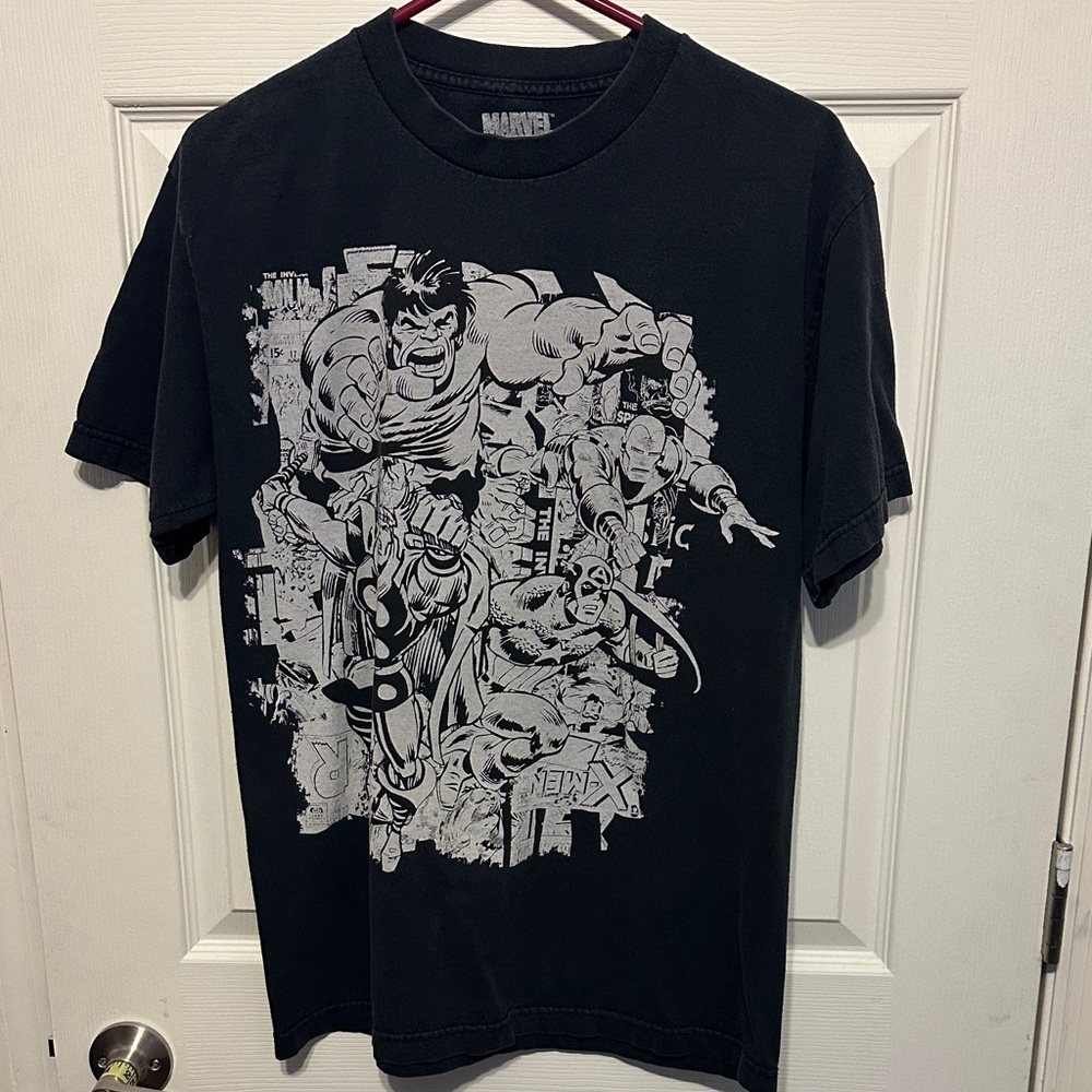 Marvel Black Tee with White Superhero Design